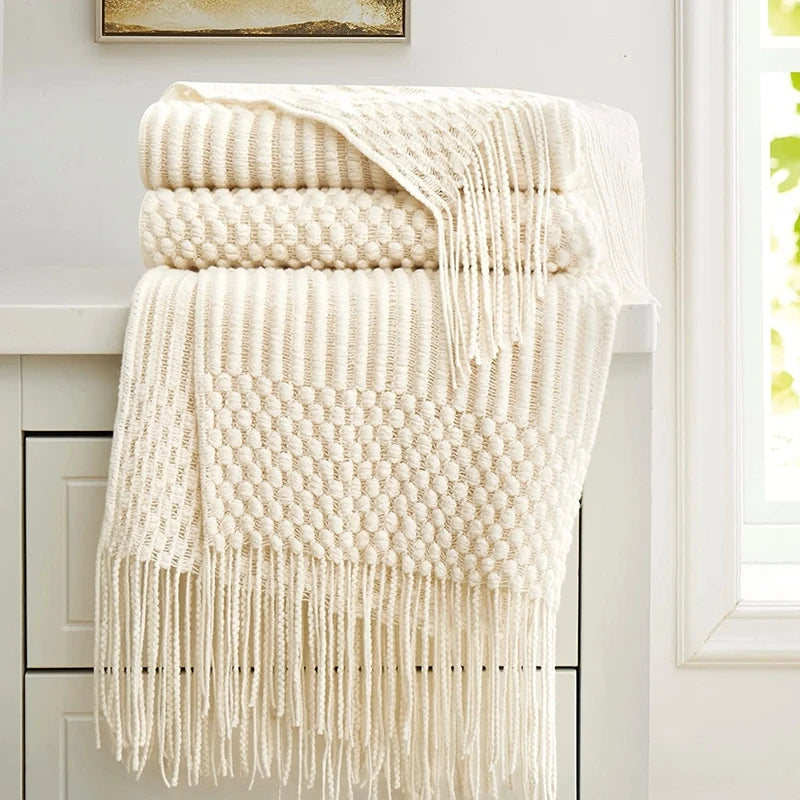 White Boho Knitted Throw Blankets