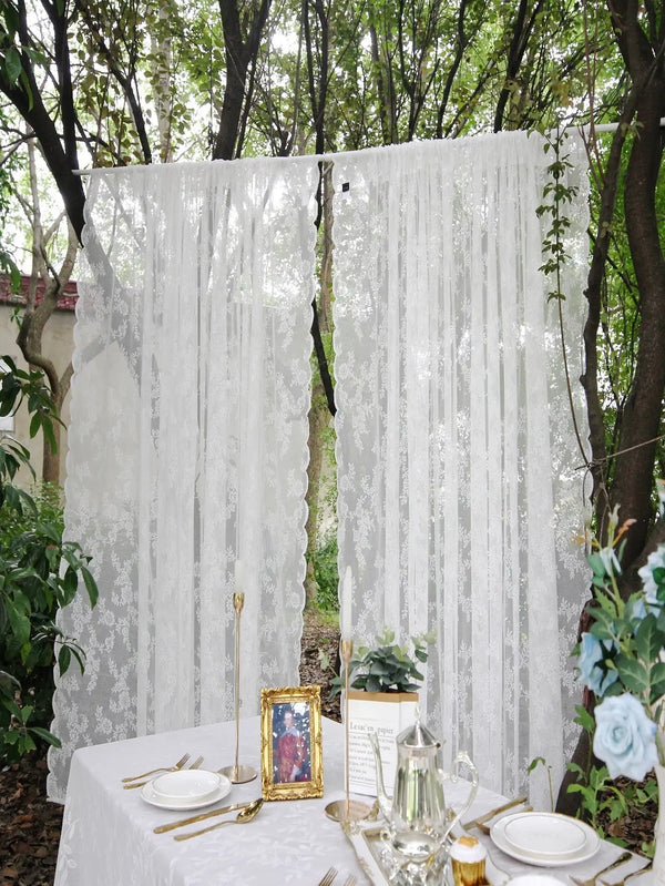 German Style White Flower Sheer Rod Pocket Curtain