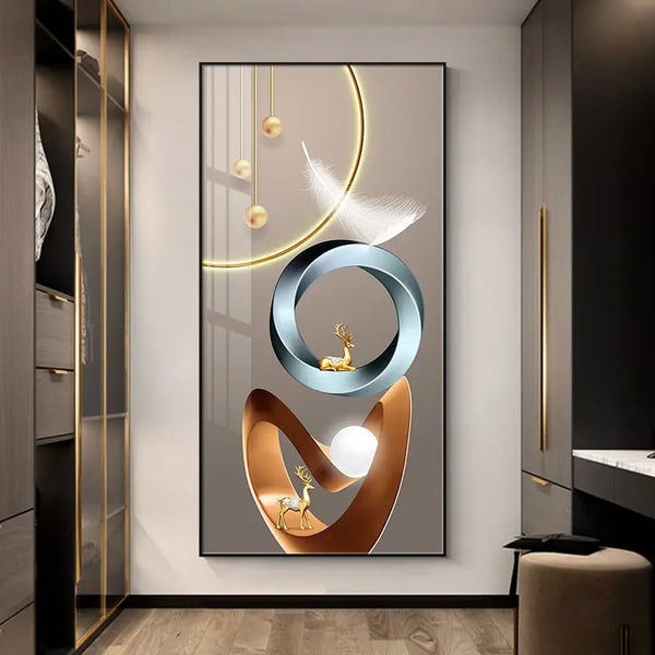 Golden Abstract Deer  Feather Canvas Art  Wall Decor