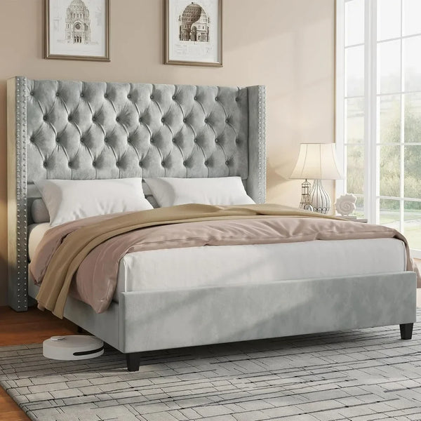 Velvet Upholstered Platform Bed with 51.6" Bed Frame,