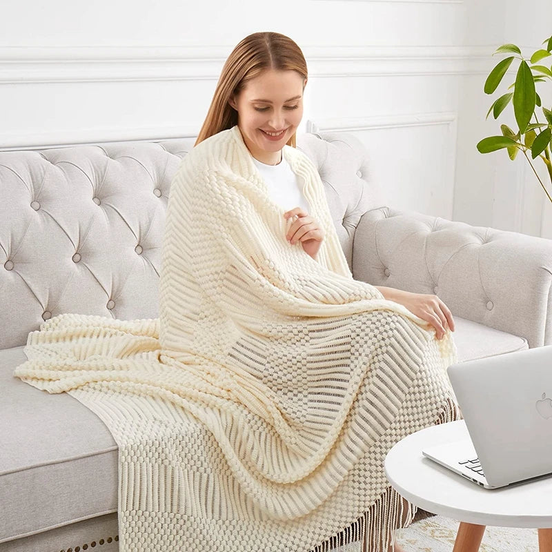 White Boho Knitted Throw Blankets