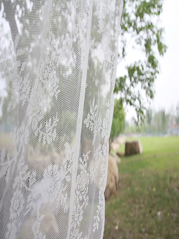 German Style White Flower Sheer Rod Pocket Curtain