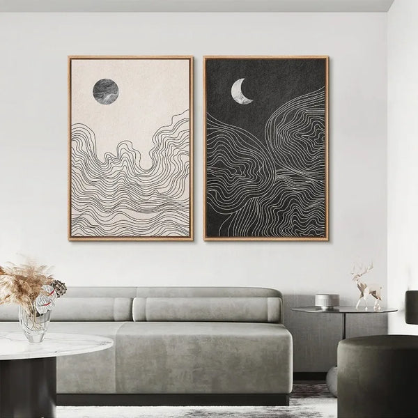 Neutral Boho Black White Sun Moon Abstract Poster Print Canvas