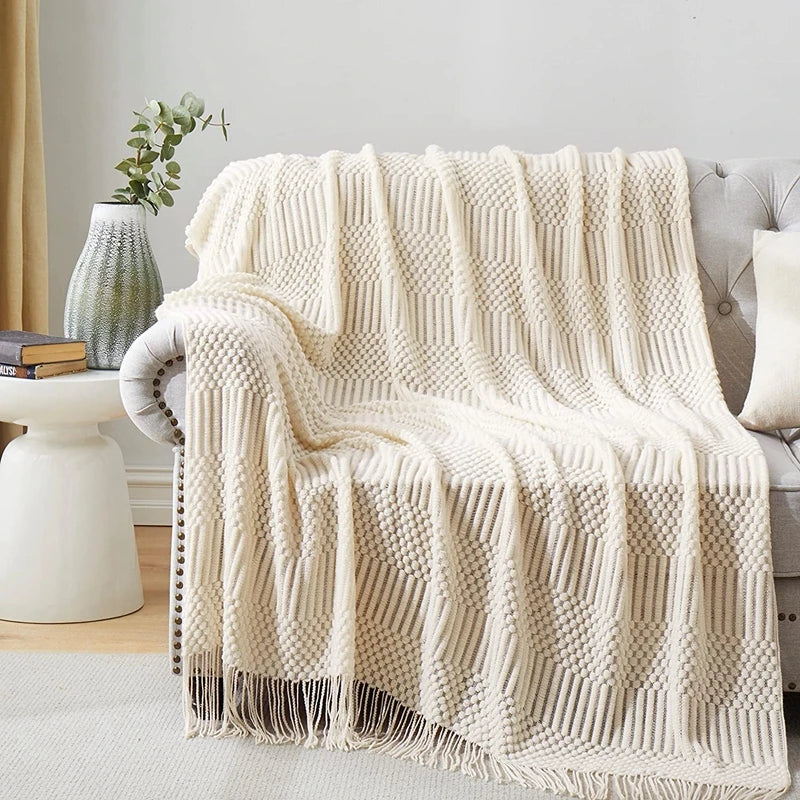 White Boho Knitted Throw Blankets